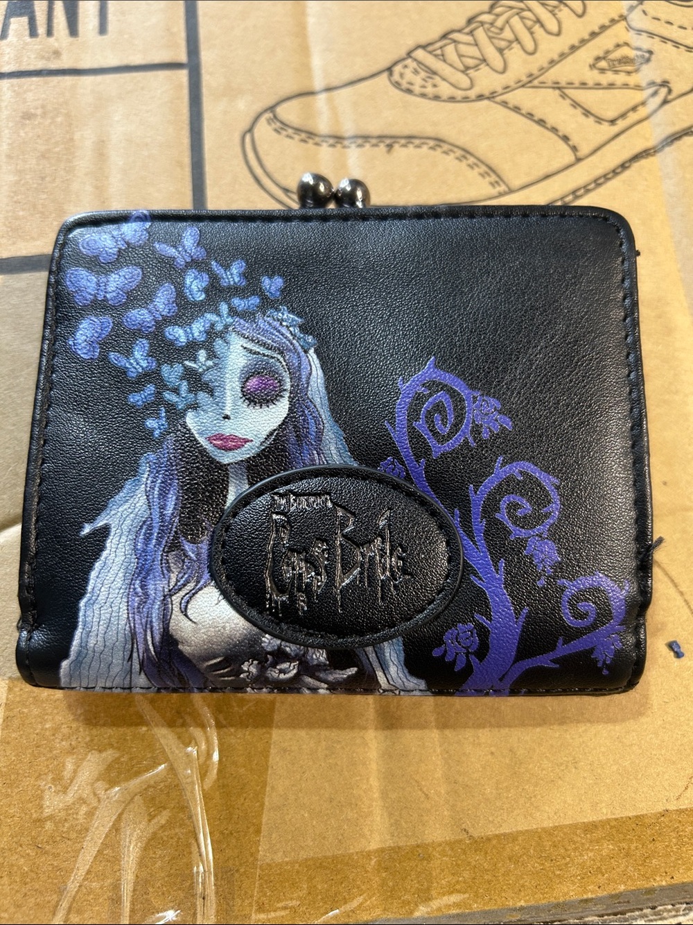 Preowned Loungefly Black Wallet with Purple Butterfly